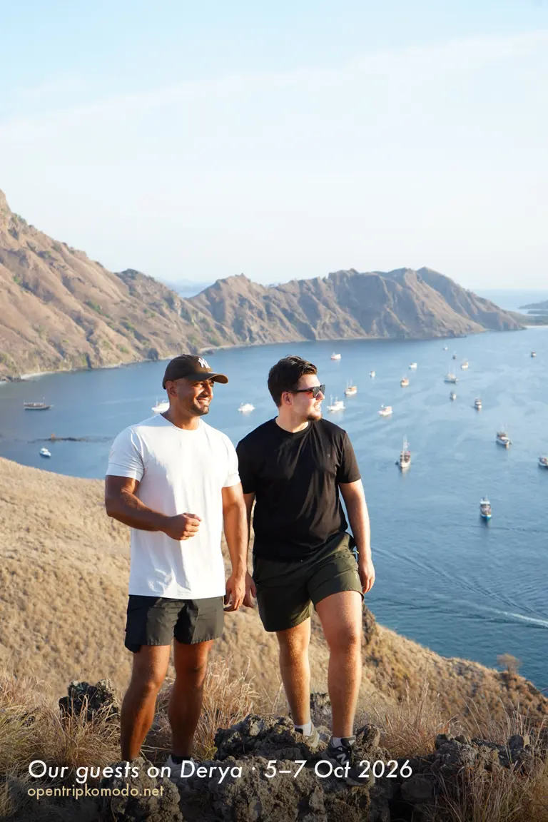 Tamu trip Derya berfoto di Padar dengan teluk penuh kapal di belakang