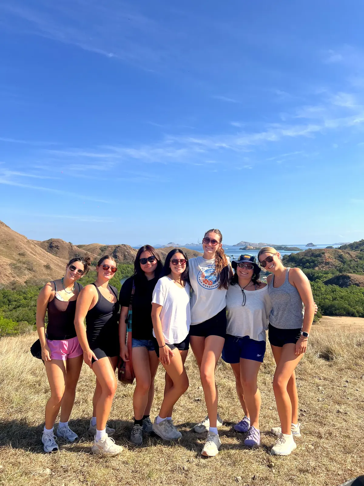Seven guests posing together on a grassy hill