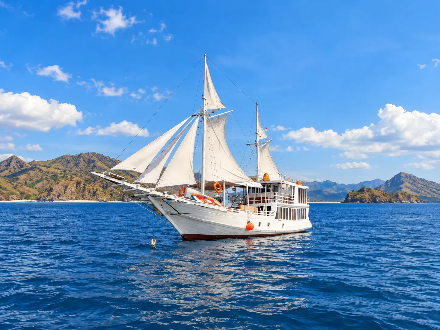 Akassa Cruise, a white phinisi with its sails up in Komodo National Park waters