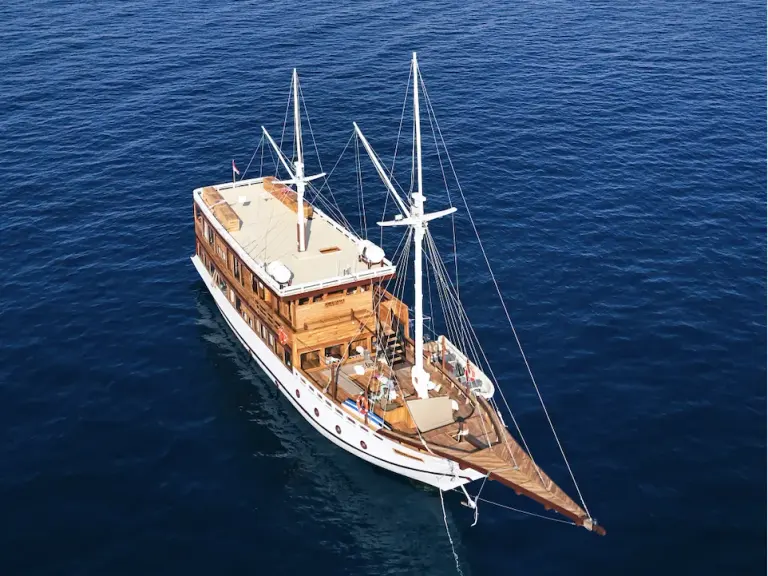 The Andalucia 3 phinisi seen whole from the air in Komodo waters