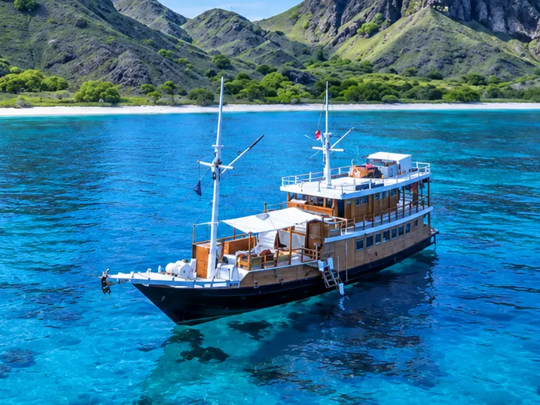 Capt Octopus, phinisi berlambung hitam di air toska di perairan Taman Nasional Komodo