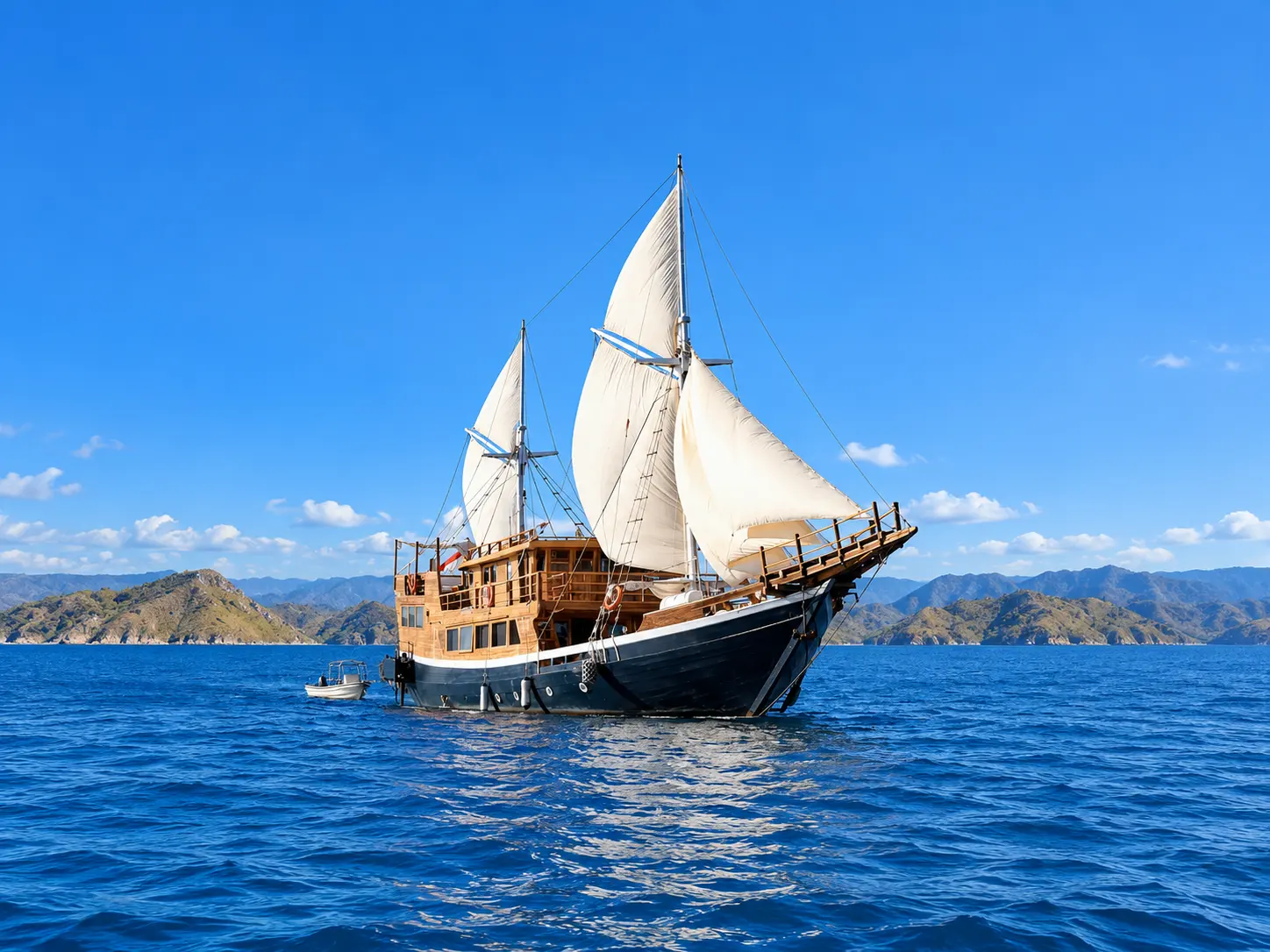 Cordelia, phinisi kayu dengan layar putih terkembang di perairan Taman Nasional Komodo