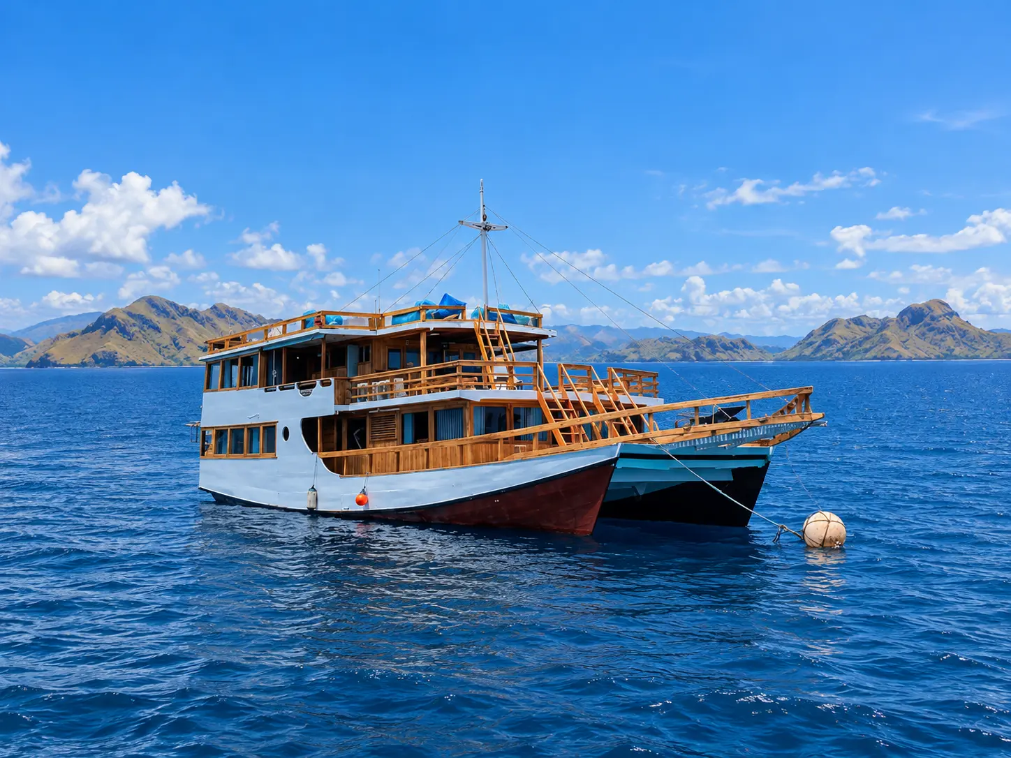 Gamala, a two-deck wooden boat with a red and white hull in Komodo National Park waters