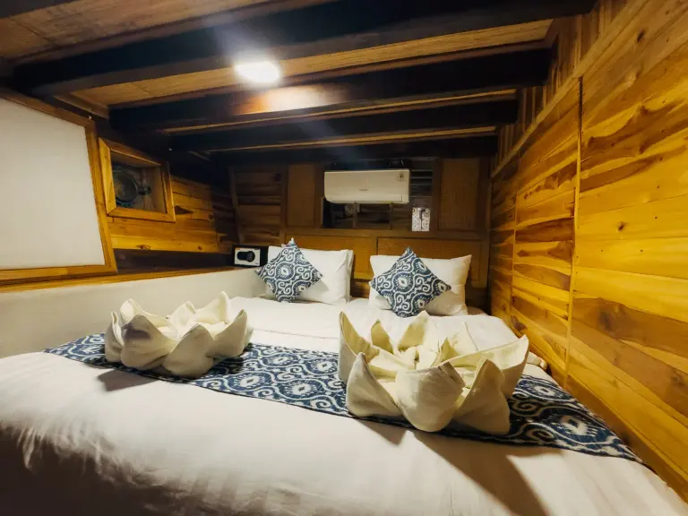 Deluxe Cabin Gammara di dek bawah dengan dinding kayu dan bantal motif biru