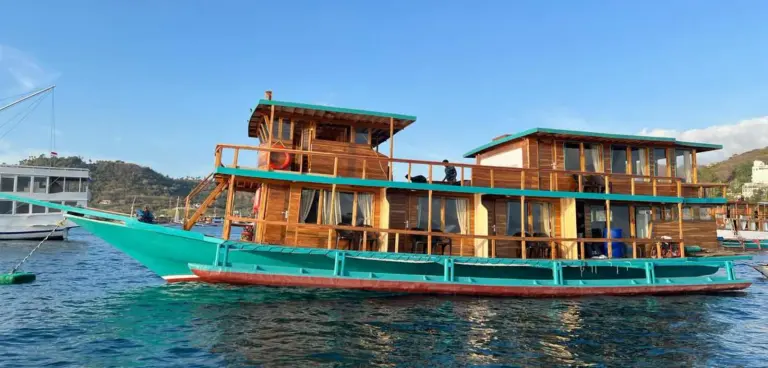 The multi-deck wooden boat GAN anchored off Labuan Bajo