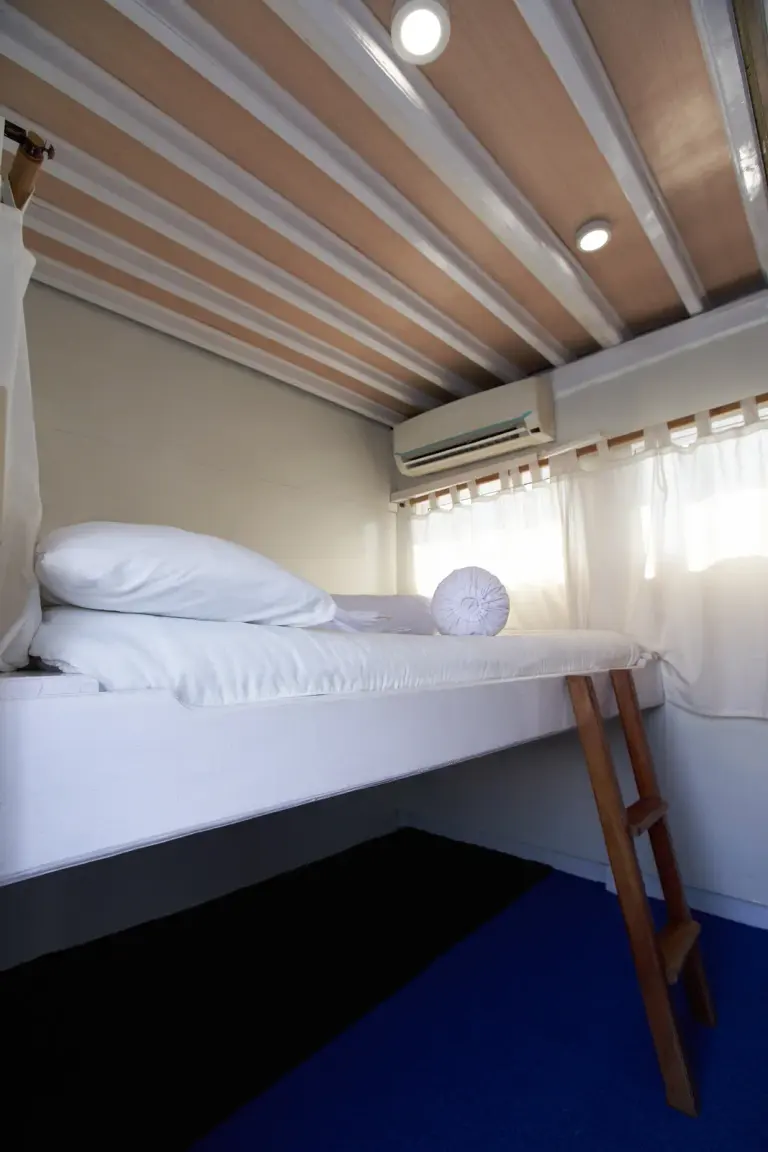 Deluxe Cabin Ladyana, ranjang besar ditinggikan, AC di atas jendela bertirai putih