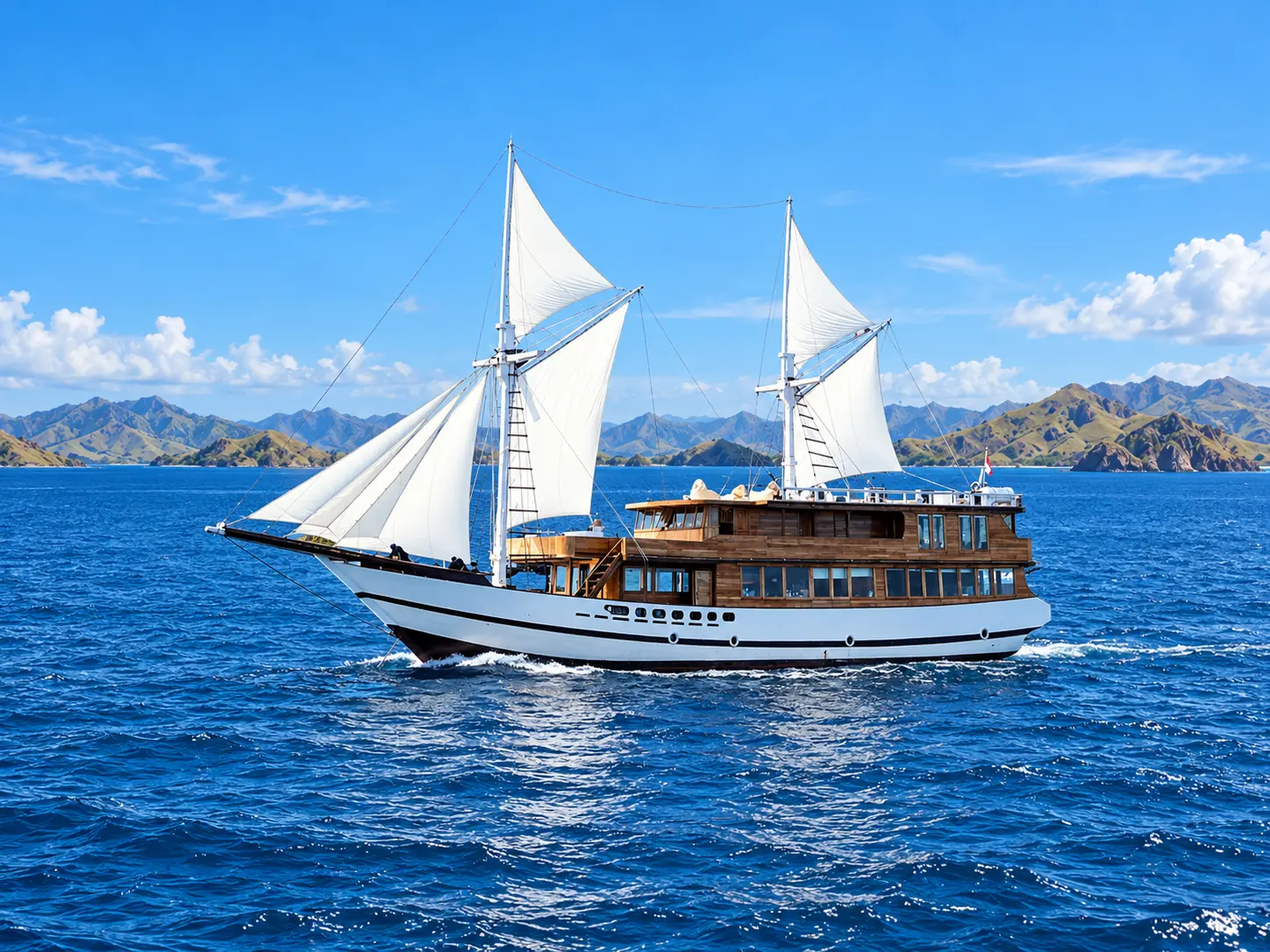 Raffles, a white-hulled phinisi with two white sails in Komodo National Park waters