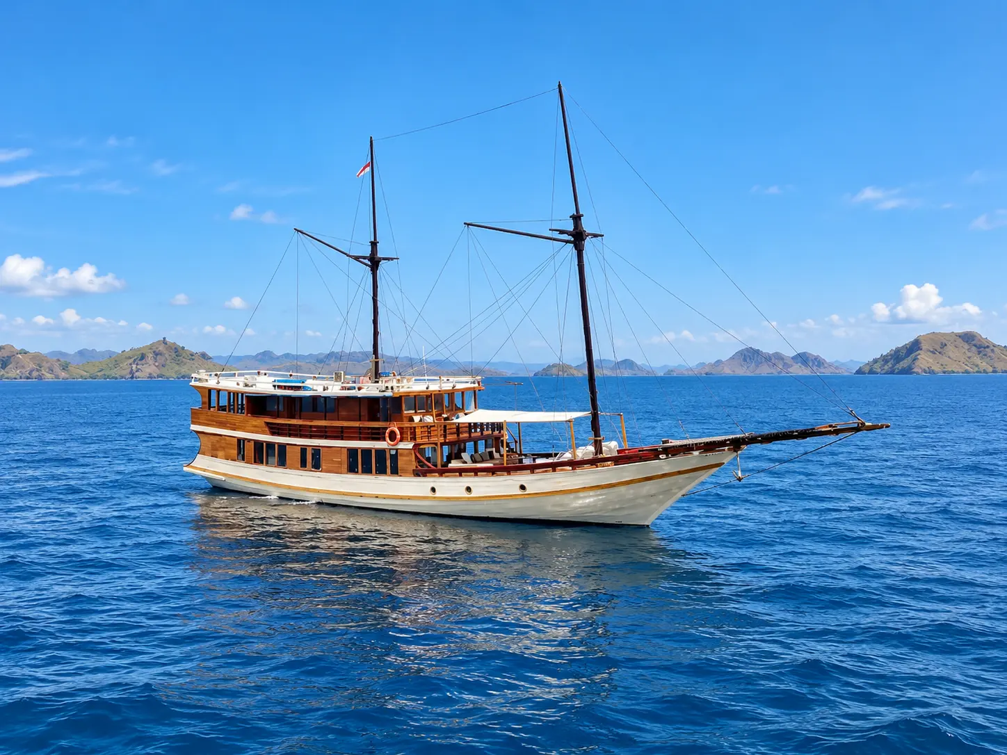 Senada, a cream-hulled two-masted wooden phinisi in Komodo National Park waters